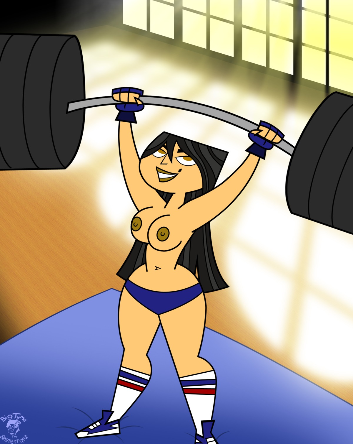 beauty_mark bigtyme black_hair breasts eva_(tdi) female gym long_hair panties rule34 smile total_drama_island weightlifting weights