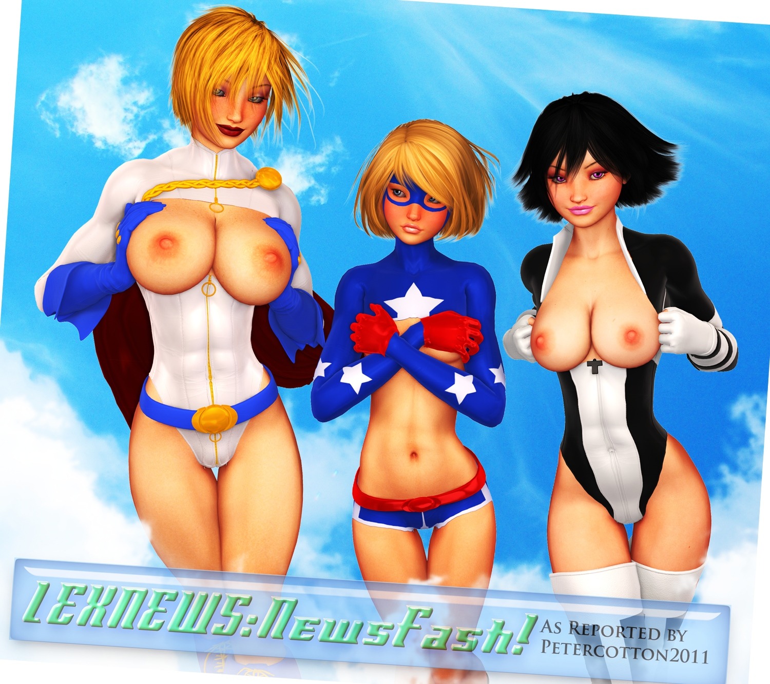 2011 3d 3girls atlee big_breasts black_hair blonde_hair breasts courtney_whitmore dc dc_comics female female_focus female_only flashing justice_society_of_america kara_zor-l karen_starr multiple_females multiple_girls petercotton power_girl purple_eyes rule34 signature stargirl superman_(series) terra_(dc) text topless