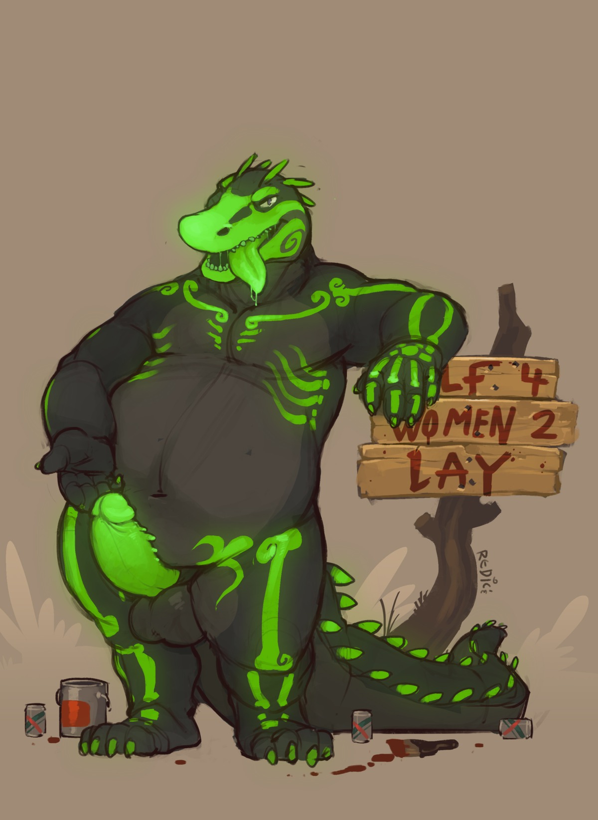 2013 absurd_res alligator alligatorid anthro balls belly biceps big_balls big_penis bone can claws container crocodilian e621 english_text erection genitals girthy glowing glowing_flesh glowing_genitalia glowing_markings glowing_penis glowing_tongue hi_res looking_at_viewer male markings marvol musclegut muscular muscular_anthro muscular_male nude number open_mouth overweight overweight_anthro overweight_male paint_can painted_text pecs penis purple_eyes redic-nomad reptile scalie simple_background skeleton skull slightly_chubby smile solo tail text thick_tail tongue voodoo