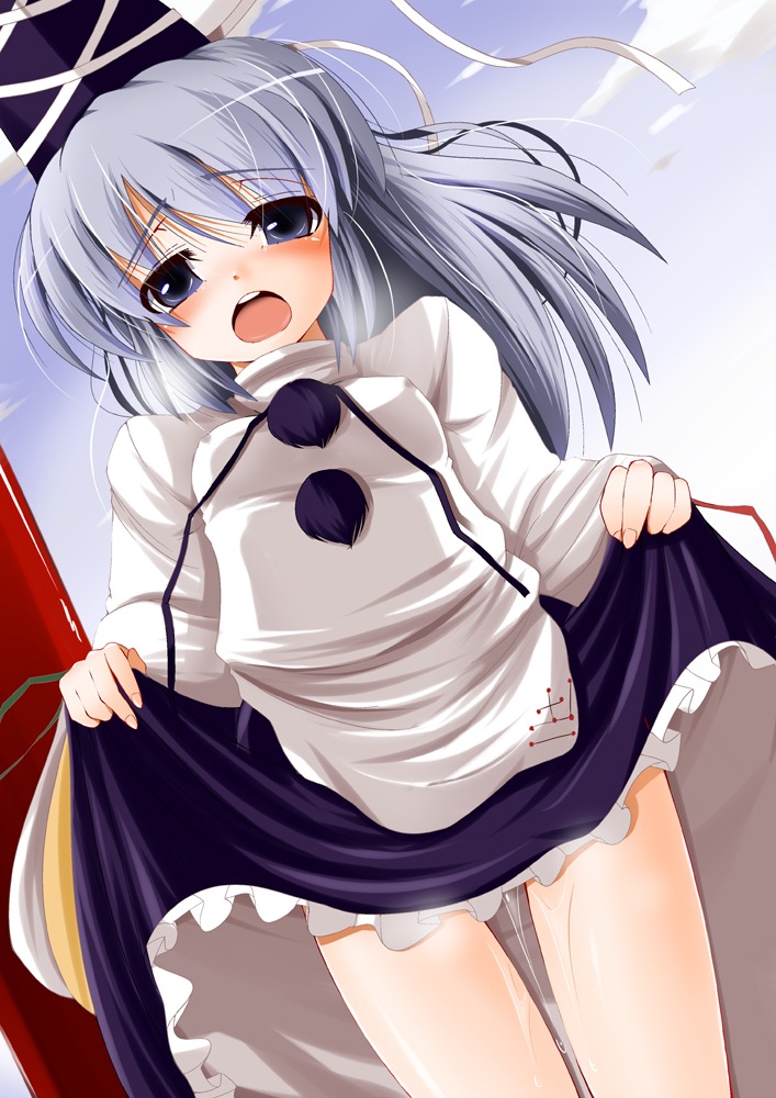 doburoku_(daiginjou) dress dress_lift female hat japanese_clothes mononobe_no_futo open_mouth ponytail pussy pussy_juice rule34 short_hair silver_hair solo tate_eboshi thighs tied_hair touhou