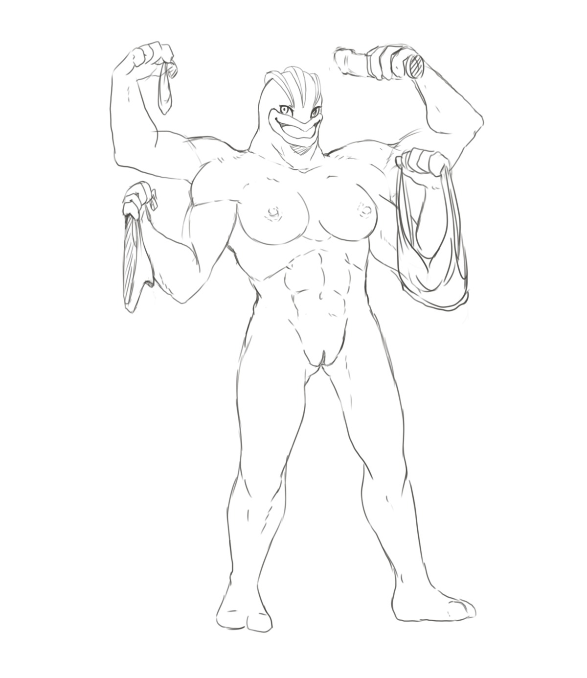 bra breasts butt butt_from_the_front clothing condom dildo e621 female generation_1_pokemon genitals hi_res humanoid line_art machamp monochrome muscular muscular_female muscular_humanoid nintendo nipples nude open_mouth panties pokemon pokemon_(species) sex_toy sexual_barrier_device simple_background solo underwear unknown_artist vulva white_background