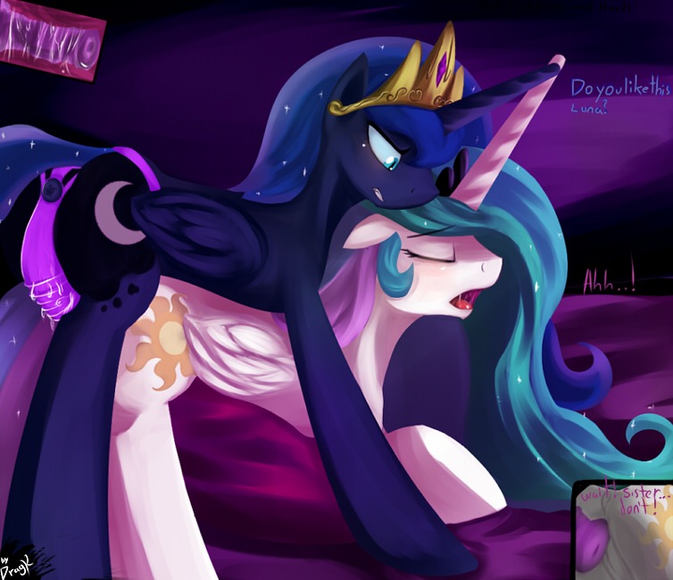 2013 anus anus_only blue_body blue_eyes blue_feathers bodily_fluids clenched_teeth crown cutie_mark dildo dragk duo e621 equid equine eyes_closed feathered_wings feathers female female/female female_penetrating feral feral_on_feral friendship_is_magic genital_fluids hair hasbro headgear horn incest_(lore) long_hair looking_pleasured mammal my_little_pony mythological_creature mythological_equine mythology penetration princess_celestia_(mlp) princess_luna_(mlp) saliva saliva_string sex sex_toy sibling_(lore) sister_(lore) sisters_(lore) stated_incest strapon teeth text vaginal vaginal_fluids vaginal_penetration white_body white_feathers winged_unicorn wings