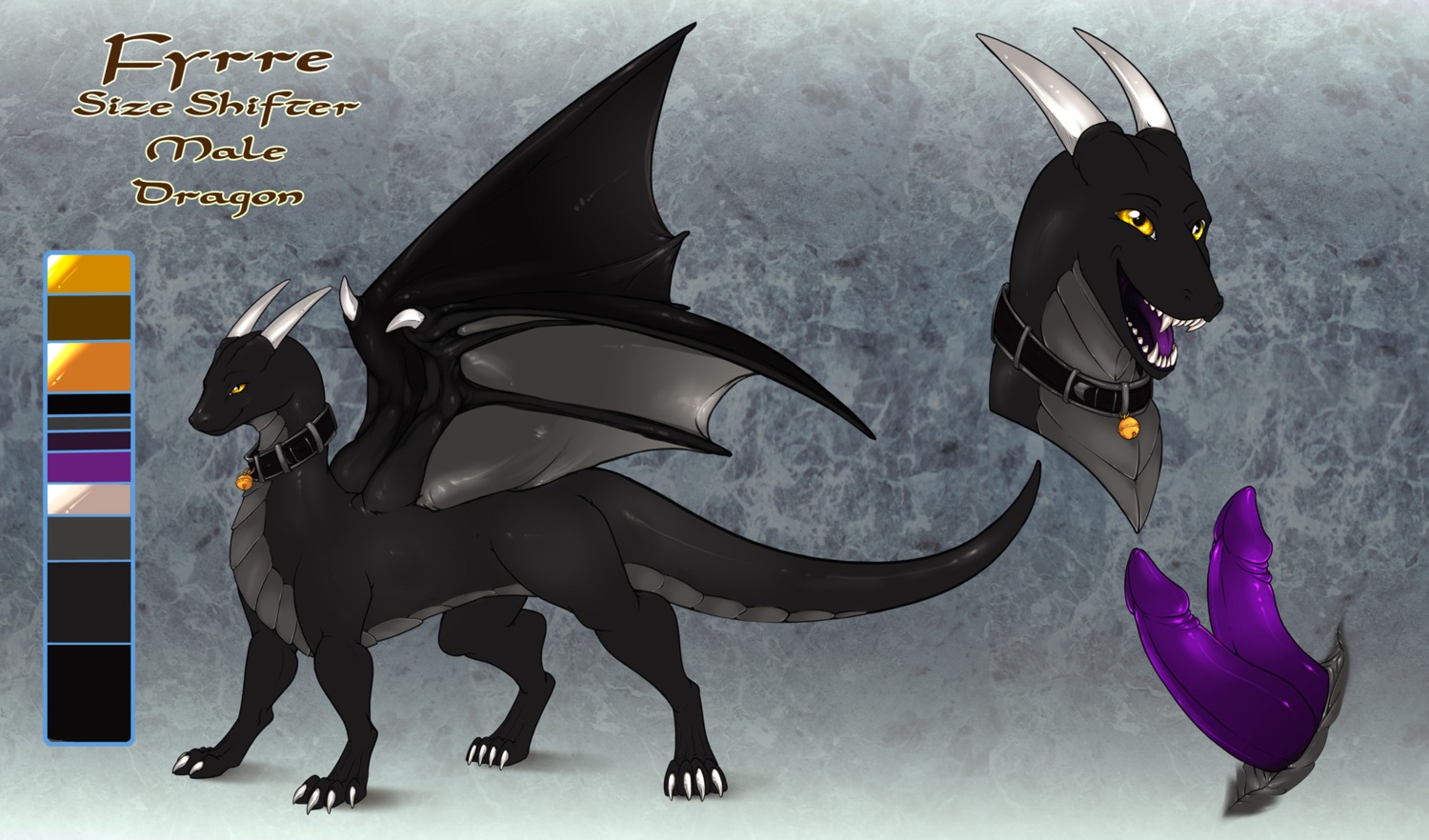 2_penises animal_genitalia animal_penis bell black_body black_scales claws collar dragon e621 erection feral fsmaverick fyrre_(fyrrex) genital_slit genitals grey_body grey_scales hemipenes hi_res horn male membrane_(anatomy) membranous_wings model_sheet multi_genitalia multi_penis mythological_creature mythological_scalie mythology open_mouth penis purple_penis purple_tongue scales scalie sharp_teeth side_view smile solo standing tail teeth tongue wings yellow_eyes