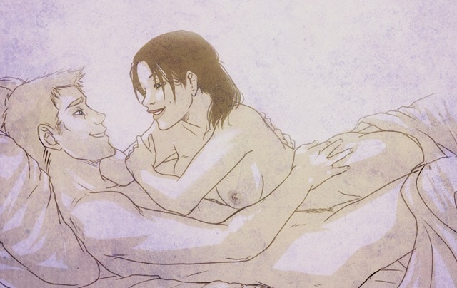 1boy 1girls 2d afterglow areolae ass bare_shoulders bed blue_eyes bottomless breasts chell dark_hair embrace eye_contact female happy human_wheatley large_breasts looking_at_another lying lying_down lying_on_person male messy_hair monochrome nipples no_bra no_panties nude on_bed portal_(series) portal_2 romantic rule34 sepia smile smiling straight topless wheatley