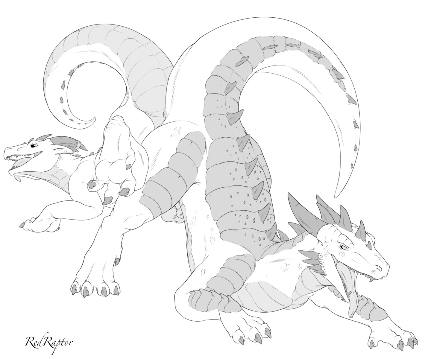 2014 absurd_res ambiguous_gender animal_genitalia ass_to_ass balls butt claws dragon duo e621 feral fully_sheathed genitals greyscale hi_res horn looking_back male monochrome mythological_creature mythological_scalie mythology nude open_mouth redraptor16 scalie sheath tail tongue tongue_out