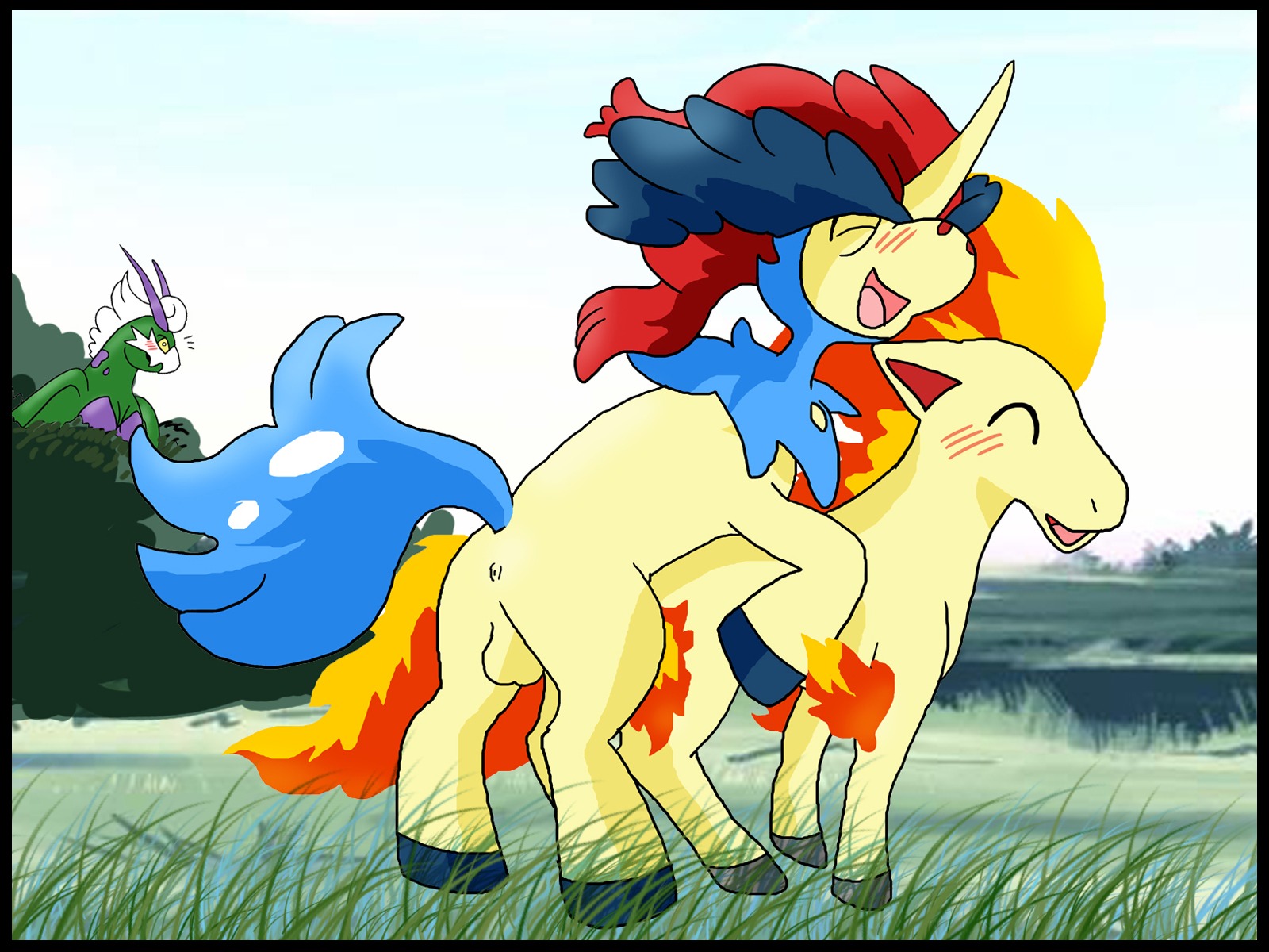 balls blush closed_eyes equine female feral from_behind happy happy_sex hikozarulove horse keldeo male pokemon pokemon_(species) pony ponyta rule34 sex straight tornadus voyeur