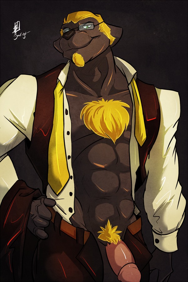 2014 2:3 abs anthro black_body black_fur black_nose blonde_hair canid canine chest_tuft clothed clothing donryu e621 eyewear facial_hair fur genitals glasses goatee hair hairy half-erect humanoid_genitalia humanoid_penis male mammal muscular muscular_anthro muscular_male onyx_wasson open_clothing open_shirt open_topwear pecs penis pubes raccoon_dog shirt solo tanuki topwear tuft undressing