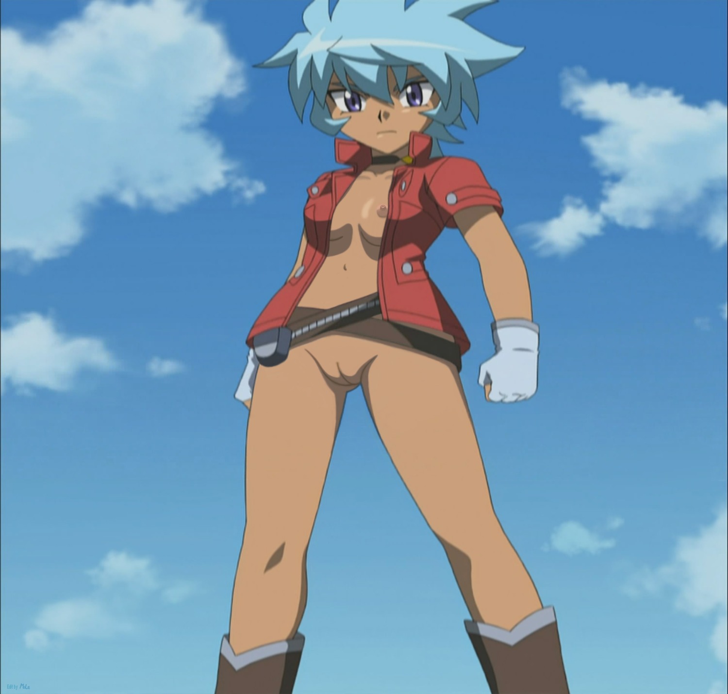 1girls beyblade beyblade_metal_fusion breasts dark-skinned_female dark_skin edit female gloves hikaru_hazama human jacket looking_at_viewer metal_fight_beyblade mole nipples nude_filter pussy rule34 screencap screenshot_edit short_hair solo tagme