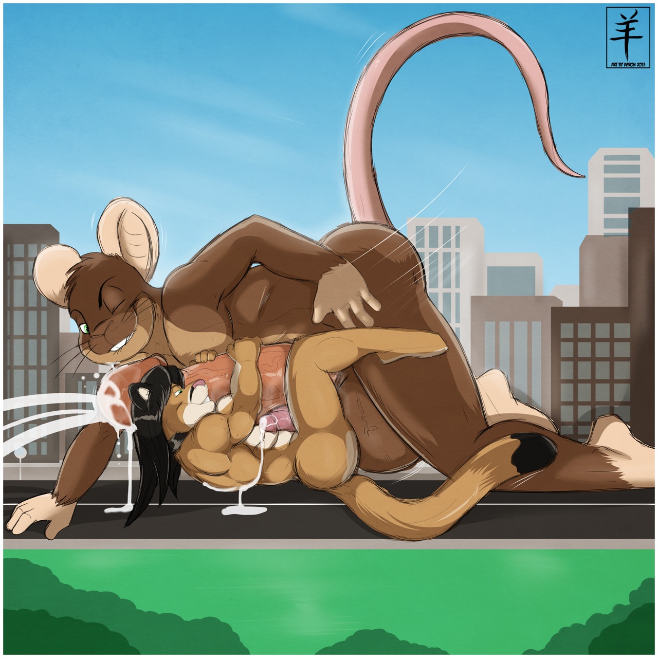 1:1 2013 aaron_(artist) abs anthro balls bangs biceps big_balls big_penis bite biting_lip biting_own_lip black_hair bodily_fluids border brown_body brown_fur city cityscape cum cumshot digital_media_(artwork) domestic_cat duo e621 ejaculation elrabin erection felid feline felis from_front_position frottage fur genital_fluids genitals green_eyes hair handjob hellbender_rat hi_res hug huge_balls huge_penis hugging_another hugging_penis humanoid_genitalia humanoid_penis hyper hyper_balls hyper_genitalia hyper_penis interspecies larger_male lips lying macro male male/male mammal missionary_position mouse murid murine muscular nude on_back one_eye_closed orgasm outside pecs penile penis penises_touching predator/prey public public_sex rodent round_ears self_bite sex size_difference smaller_male thigh_sex vein veiny_balls veiny_penis white_border wink