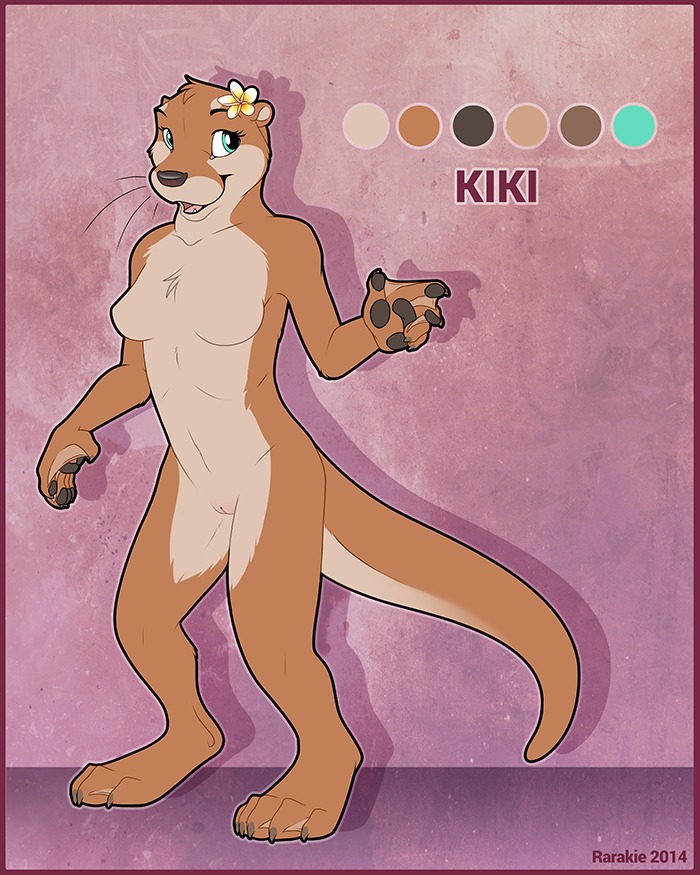 2014 4:5 accessory anthro barefoot biped border breasts e621 feet female flower flower_in_hair genitals hair hair_accessory kiki_(rarakie) mammal membrane_(anatomy) model_sheet mustelid nude otter plant rarakie red_border solo tail thick_tail toes vulva webbed_feet webbed_hands