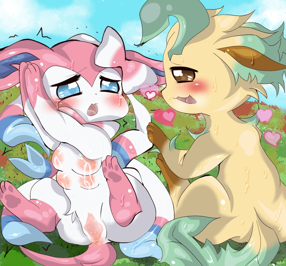 ambiguous_gender bodily_fluids breasts canid canine duo e621 eeveelution female feral generation_4_pokemon generation_6_pokemon genitals heart_symbol lactating leafeon mammal multi_breast nintendo nipples pokemon pokemon_(species) supernumerary_breasts sweat sylveon uroroze vulva