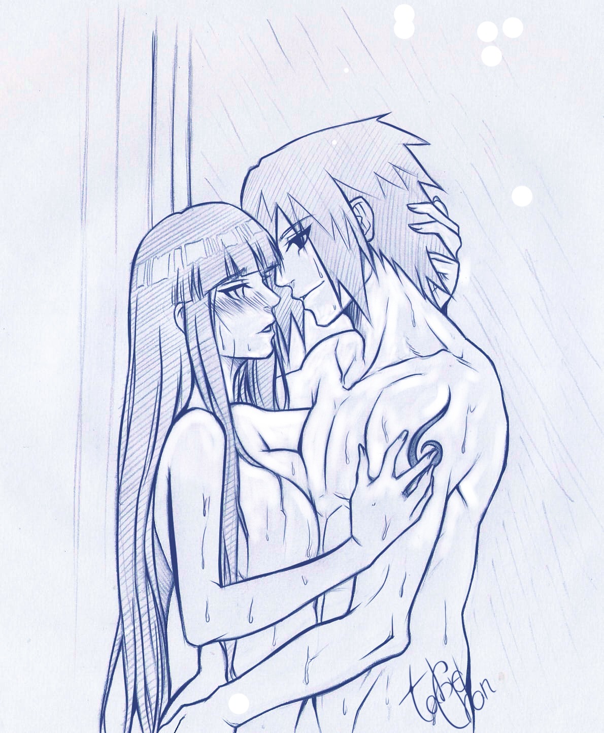 1boy blush female highres human hyuuga_hinata male monochrome naruto naruto_(series) nude rain rule34 sasuke_uchiha signature straight tabe-chan tattoo wet