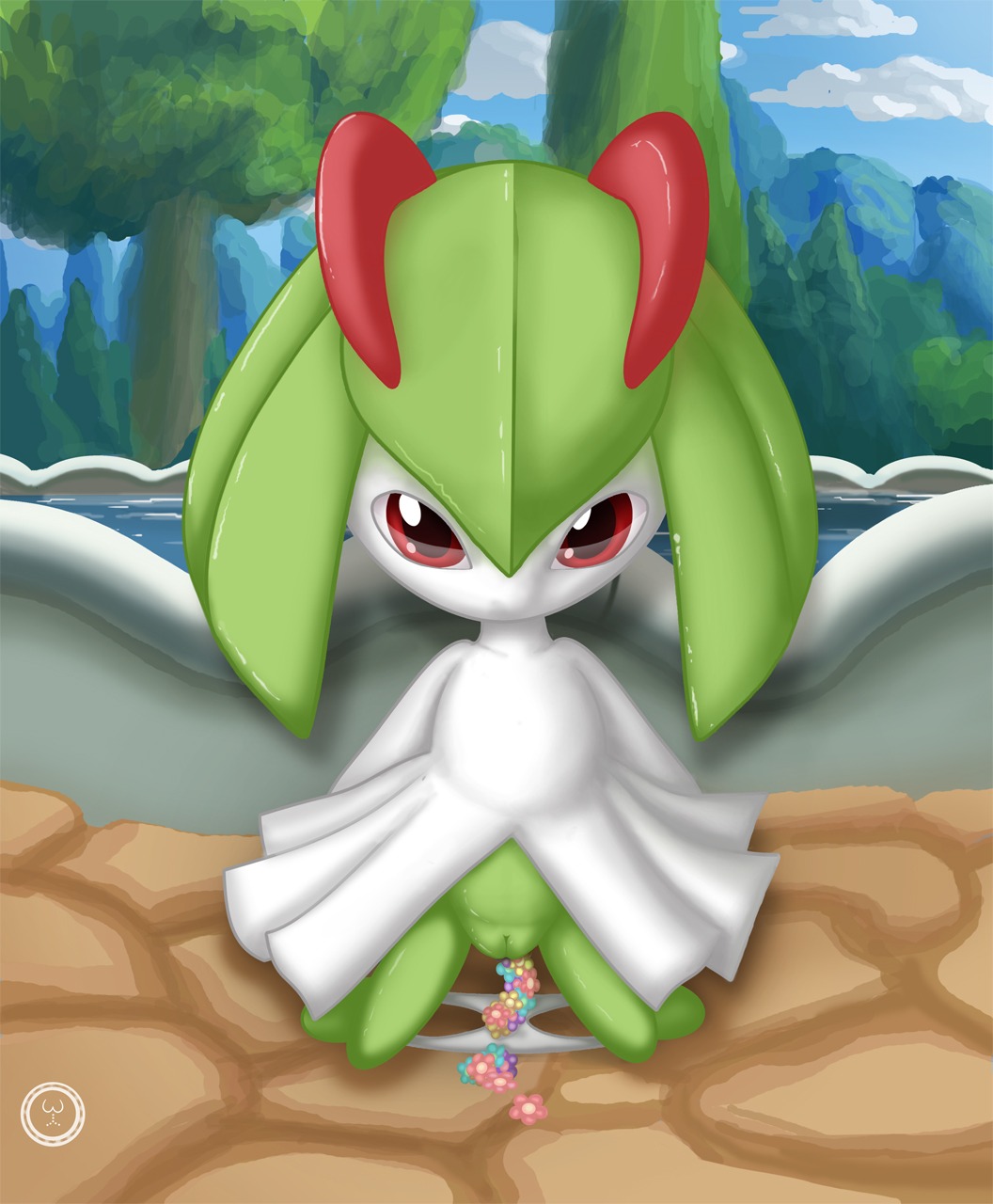 color day female female_only front_view green_hair green_skin hair insertion kirlia kneeling nintendo outdoors pok&eacute;mon_(species) pokemon pokemon_(species) pokemon_rse pussy red_eyes rule34 solo tagme tricksta vulva