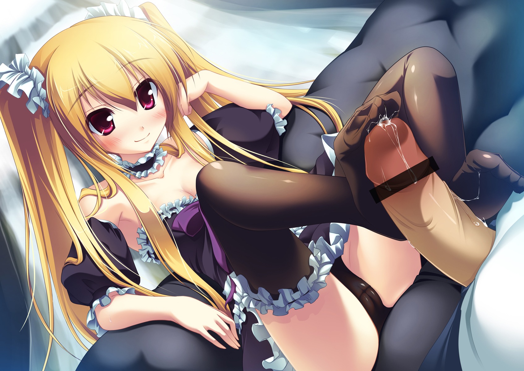 black_panties blonde_hair blush censored feet footjob highres legs long_hair maid male massan001 original panties penis precum red_eyes rule34 sitting smile solo thighhighs tied_hair twintails underwear