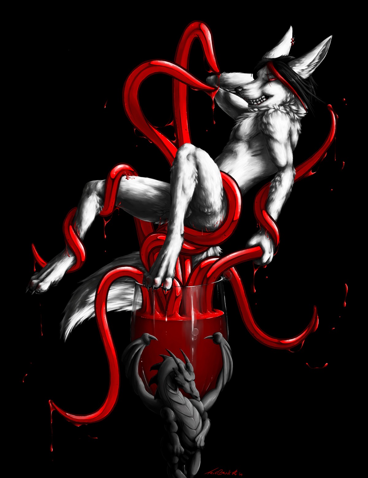 2009 anthro balls black_background canid canine dragon duo e621 fox genitals glass hi_res male mammal mythological_creature mythological_scalie mythology scalie sculpture simple_background statue tail tentacles truegrave9