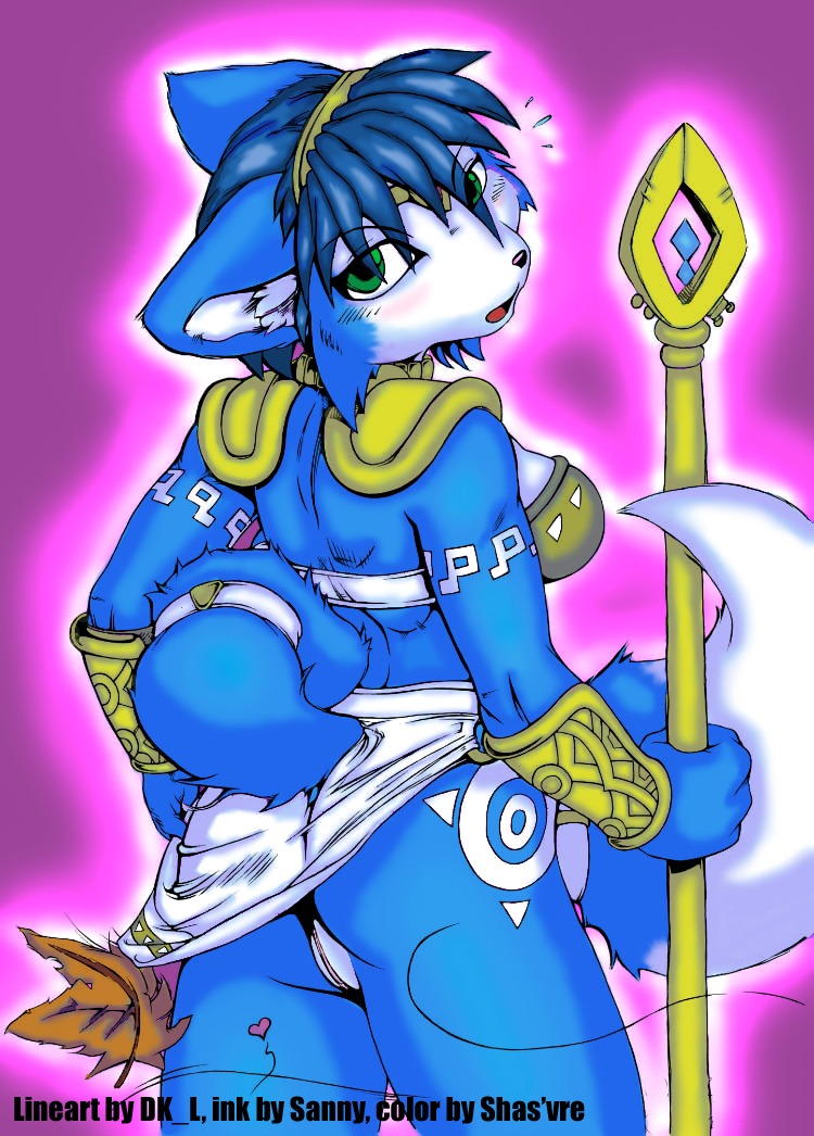 anthro blue_body blue_fur blue_hair canid canine clothed clothing dktorzi e621 female fox fur genitals hair heart_symbol krystal_(star_fox) mammal nintendo rear_view sanny skimpy solo star_fox tail vulva white_body white_fur wind