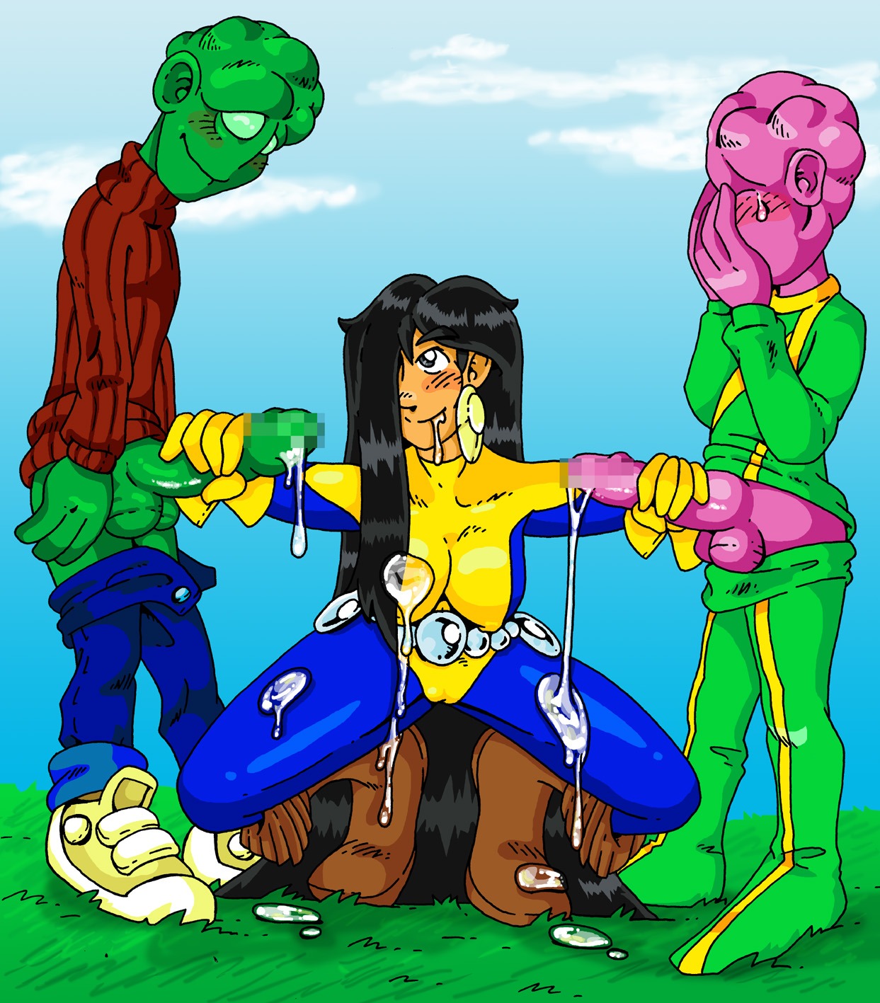 1girls 2boys artie censored dark-skinned_female dark_skin female leech male marvel marvel_comics mirage_(danielle_moonstar) native_american new_mutants rule34 threesome tyucan x-men