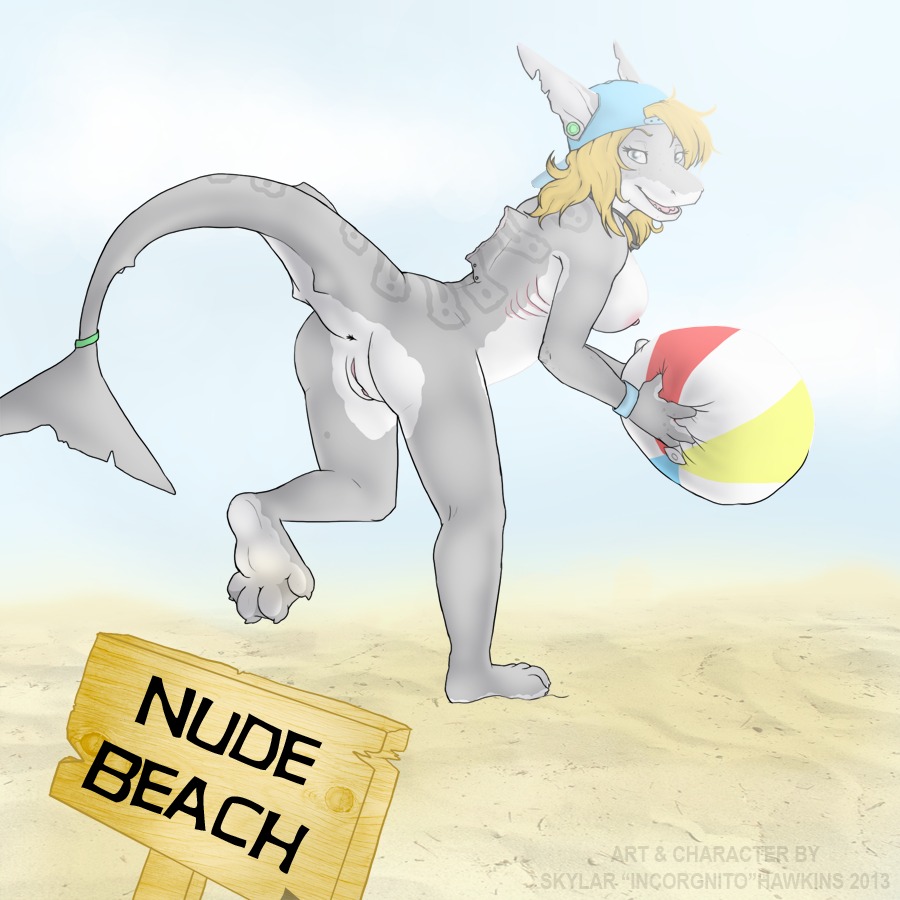 1:1 2013 anthro anus aquatic ball beach beach_ball biped blonde_hair breasts clothing cloud detailed_background e621 ear_piercing female fish gauged_ear genitals gills hair hat headgear headwear holding_ball holding_object incorgnito inflatable kerchief long_hair looking_at_viewer nipples non-mammal_breasts non-mammal_nipples nude nude_beach outside piercing pool_toy sand seaside shark sky solo vulva wounded