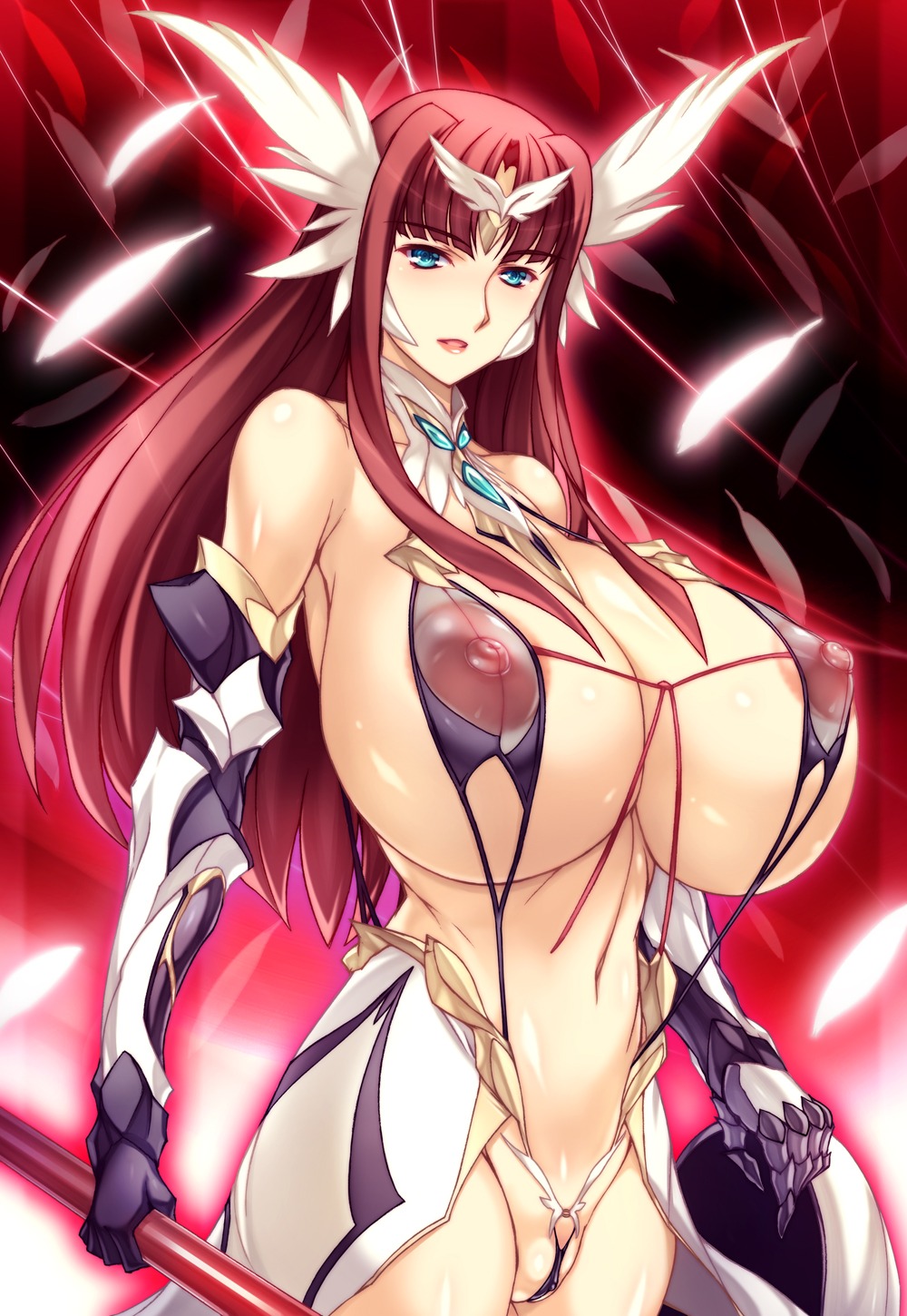 1girls areola areolae blue_eyes breasts clitoris elbow_gloves erect_clitoris female head_wings headwings highres huge_breasts ishida_hiroyuki long_hair nipples pussy red_hair rule34 solo