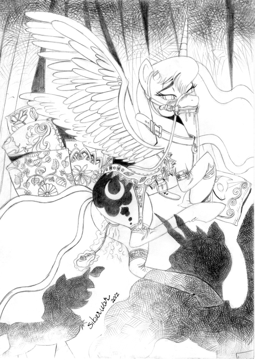 2012 bodily_fluids bridle clothing collar cutie_mark e621 english_text equid equine fashion_saddle feathered_wings feathers female feral friendship_is_magic genital_fluids genitals group hasbro hi_res horn legwear looking_at_viewer lying mammal monochrome my_little_pony mythological_creature mythological_equine mythology on_side penetration pillow princess_luna_(mlp) quadruped reins saddle saliva sex_toy siberwar silhouette solo_focus stockings tail text vaginal vaginal_fluids vibrator vulva winged_unicorn wings