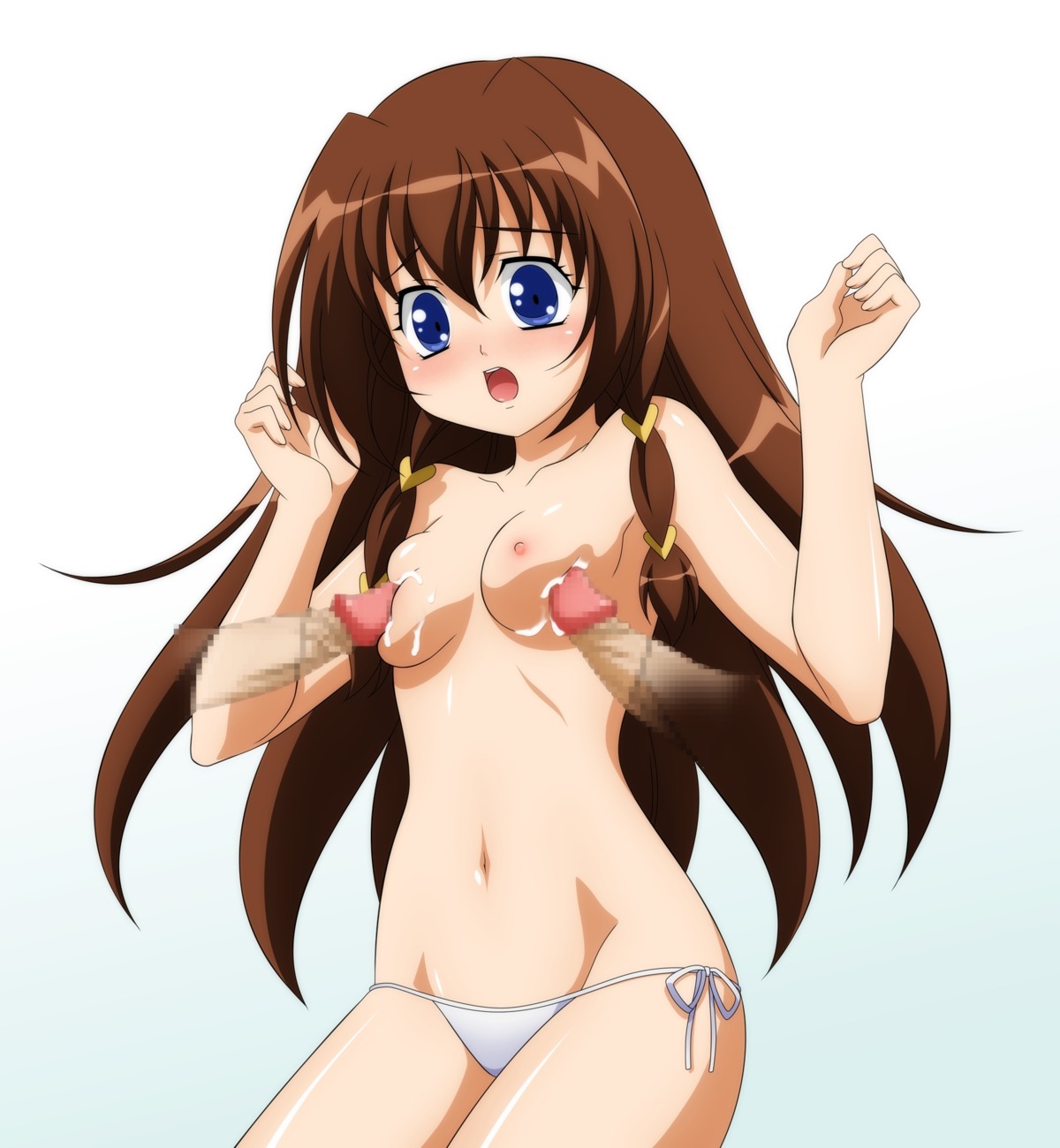 blue_eyes blush breasts brown_hair censored cum cum_on_body cum_on_breasts cum_on_upper_body female highres male panties penis rule34 side-tie_panties sugimura_tomokazu tachibana_ichika underwear utakata