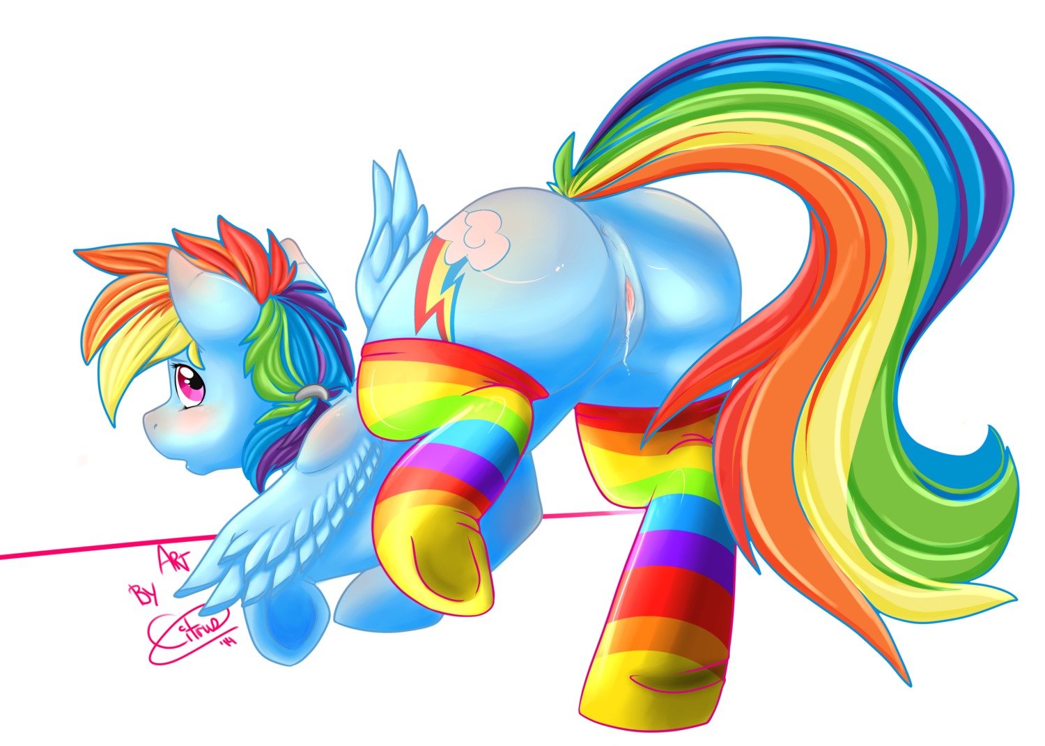 blue_body blue_feathers blue_fur blush bodily_fluids bottomless butt citrus_lemonade clothed clothing cutie_mark e621 equid equine feathered_wings feathers female feral friendship_is_magic fur genital_fluids genitals hair hasbro hi_res hooves leg_warmers legwear mammal multicolored_hair multicolored_tail my_little_pony mythological_creature mythological_equine mythology open_mouth pegasus pink_eyes presenting presenting_hindquarters rainbow rainbow_dash_(mlp) rainbow_hair rainbow_tail solo tail vaginal_fluids vulva wings