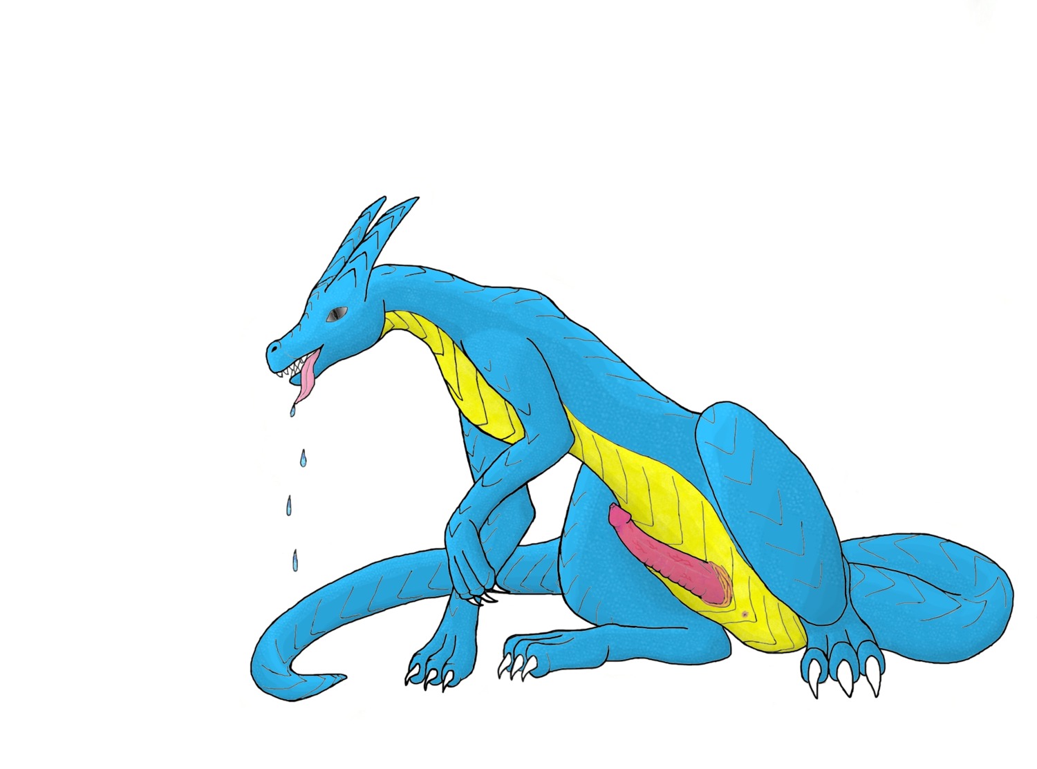 black_eyes blue_body dragon drakonyan_azkar e621 erection feral genitals hi_res male mythological_creature mythological_scalie mythology penis ribbed_penis scalie simple_background solo tail tongue unwinged white_background