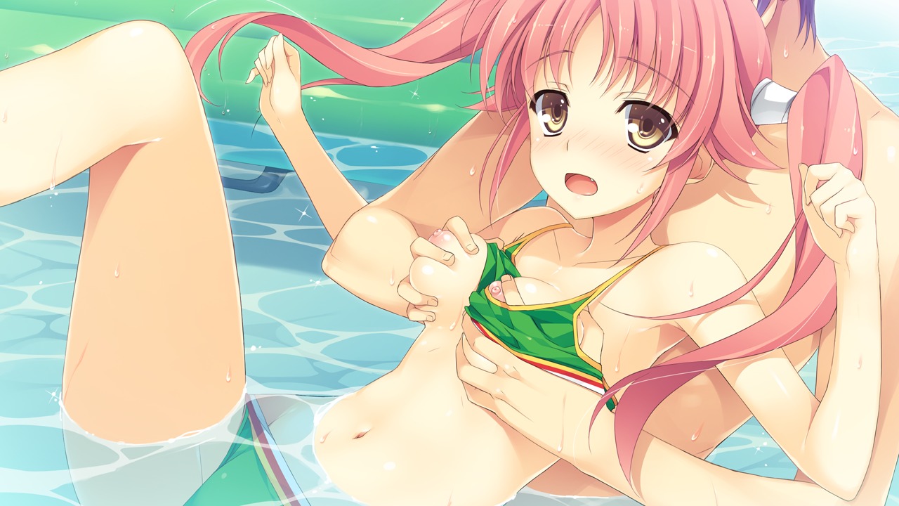 bikini blush breast_grab breasts female game_cg kazama_akari koikishi_purely_kiss nipples pink_hair rule34 swimsuit wet yuuki_hagure