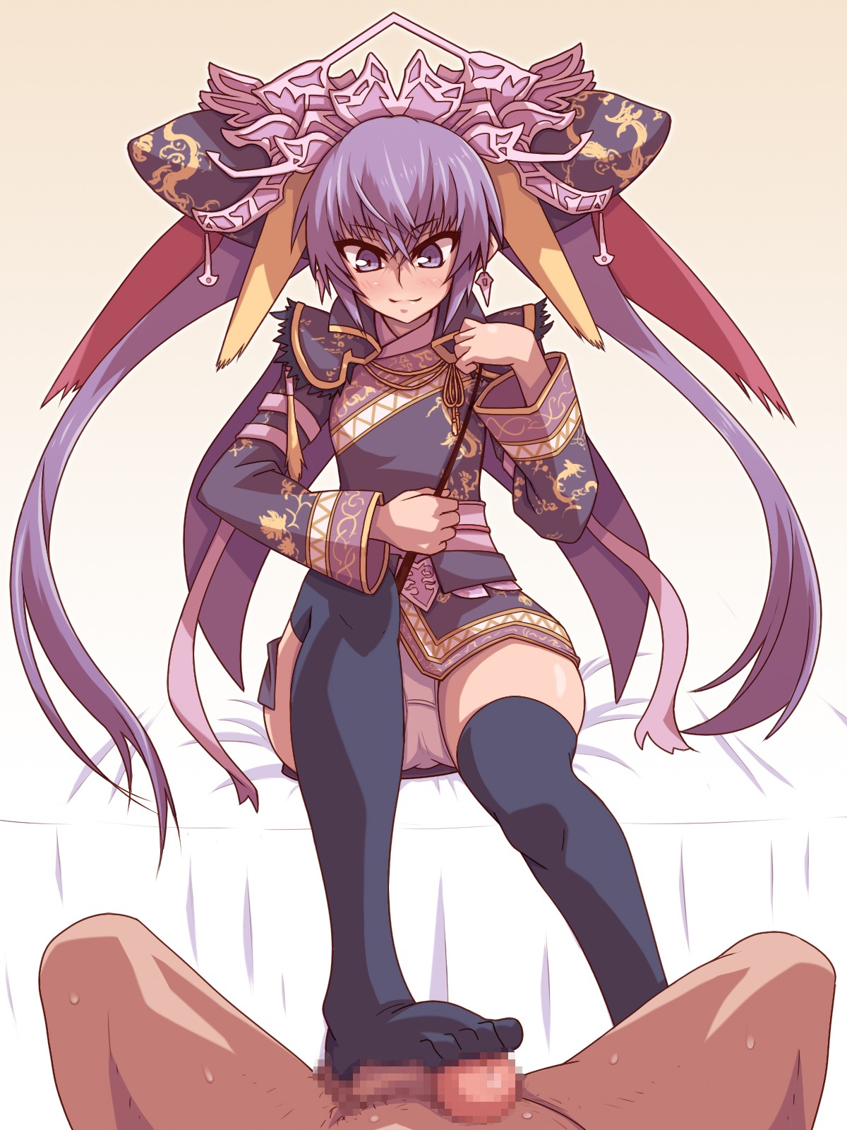blonde_hair crown feet female footjob highres japanese_clothes jewelry long_hair multicolored_hair panties purple_eyes purple_hair purple_legwear red_hair rule34 sangokushi_taisen smile solo thighhighs tied_hair touhaku twintails underwear
