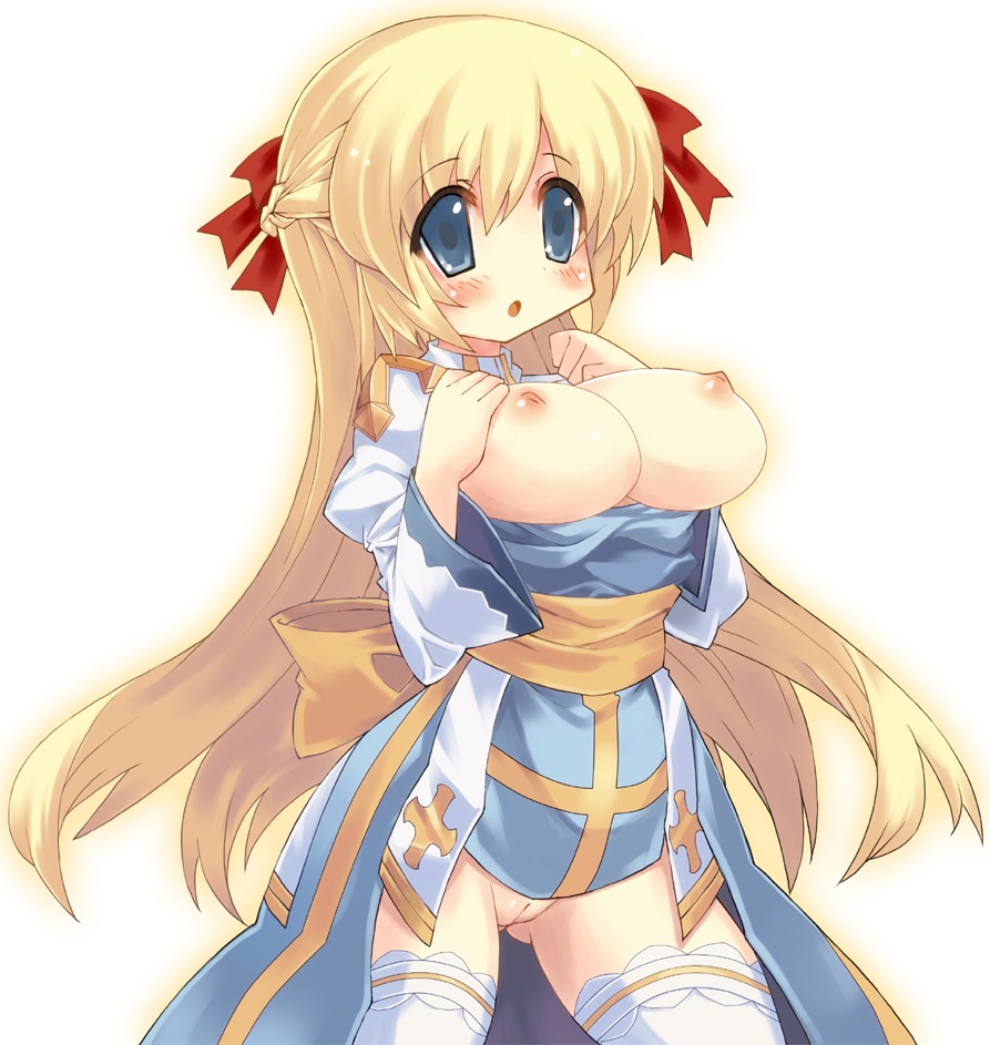 blonde_hair blue_eyes blush breasts breasts_out clothing dress fat_mons female large_breasts long_hair nipples no_panties pointy_chin pussy ragnarok_online rule34 simple_background solo stockings thighhighs tsuderou uncensored