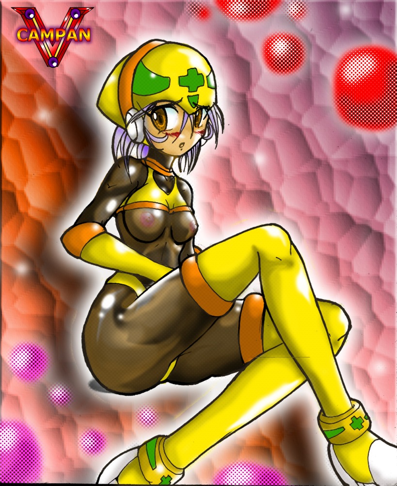anthro blush breasts brown_eyes color female female_only hair helmet looking_at_viewer mega_man mega_man_(classic) metall metool open_eyes purple_hair rule34 sitting solo tagme vcampan