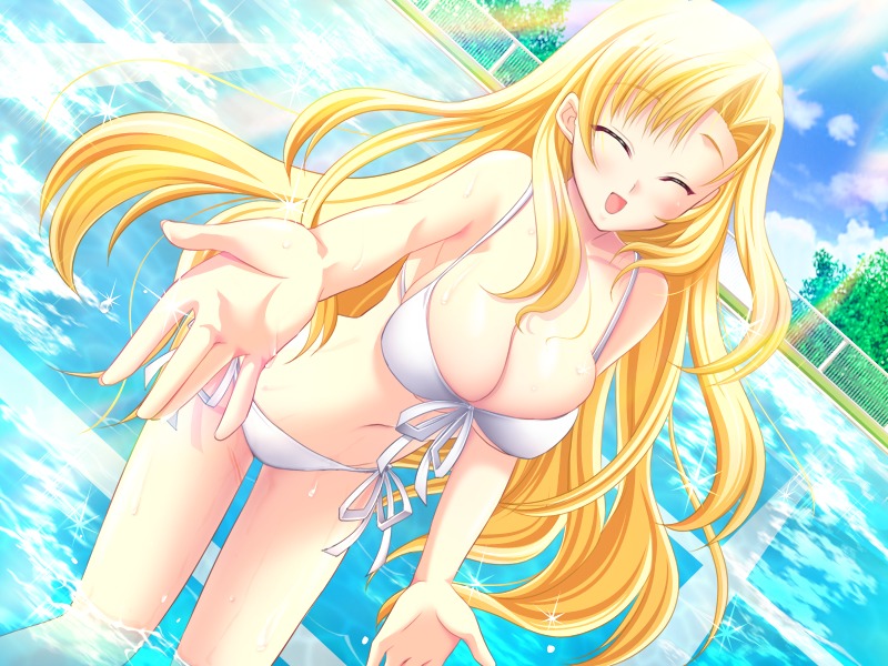 1girls atelier_kaguya cg cleavage eroge female female_only game_cg honky-tonk_pumpkin long_hair ore_to_kanojo_wa_shujuu_na_kankei rule34 solo tagme tobato_marina white_bikini
