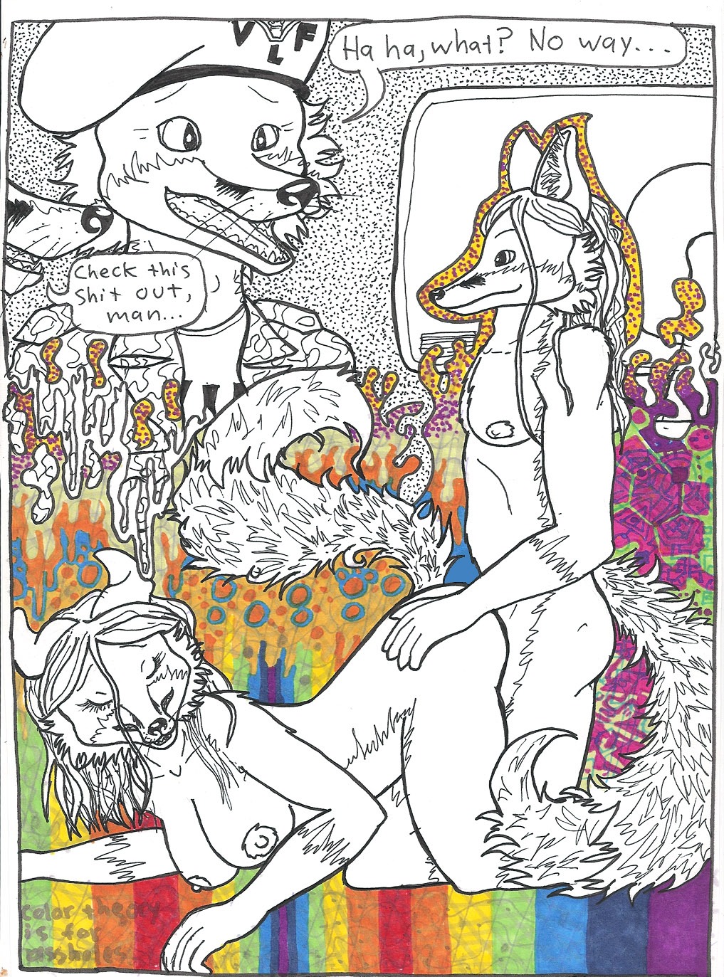 anthro being_watched canid canine comic dialogue drugs duo_focus e621 english_text female fox group hi_res looking_at_another lsd male male/female mammal psychedelic sex teeth text triadfox voyeur
