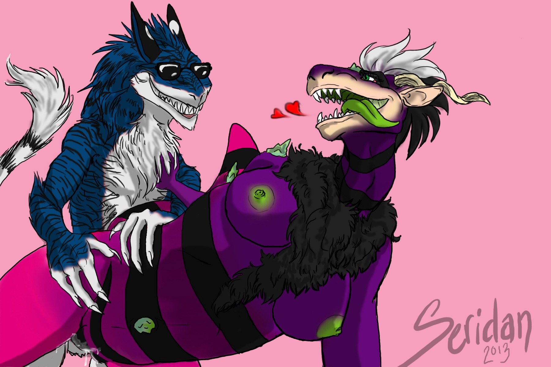 3:2 all_fours anthro black_body black_fur bodily_fluids cum doggystyle duo e621 eyewear female from_behind_position fur gecko genital_fluids hair happy happy_sex heart_symbol hi_res horn interspecies jade_(mineral) konxy larger_female lizard male male/female mammal murgal nipples reptile scalie sergal seridan sex size_difference smaller_male smile stripes sunglasses tail tongue tongue_out unknown_artist wet white_hair zherneboh