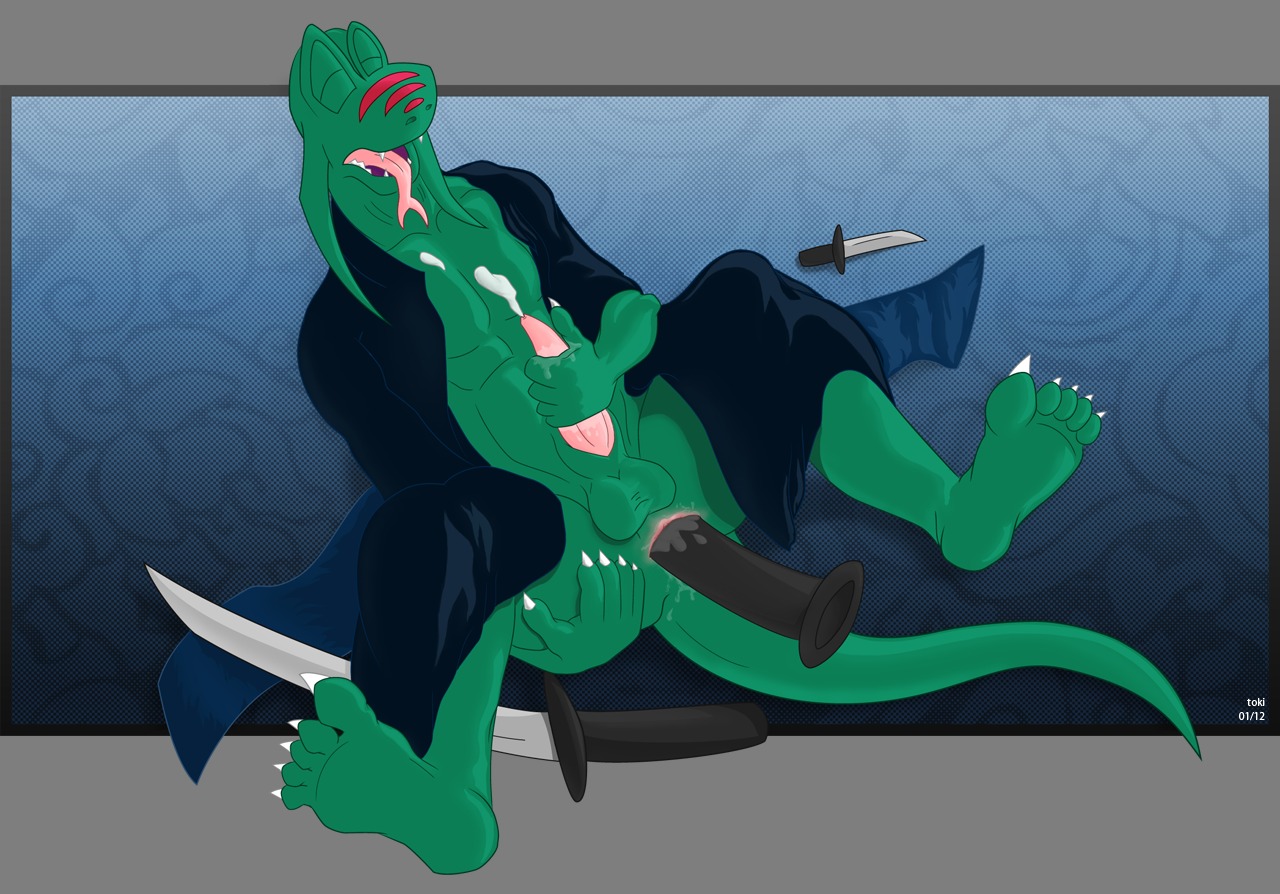 2012 alpha_channel anal anal_masturbation anal_penetration anthro anus asian_clothing athletic athletic_anthro athletic_male balls bodily_fluids butt cel_shading claws clothing cum cumshot e621 east_asian_clothing ejaculation erection eyes_closed fangs forked_tongue genital_fluids genitals green_body japanese_clothing kimono knife lizard male masturbation melee_weapon open_mouth orgasm paws penetration penile penile_masturbation penis reptile samurai scalie shaded solo spread_legs spreading stripes sword tail teeth toki_(artist) toki_(character) tongue warrior weapon