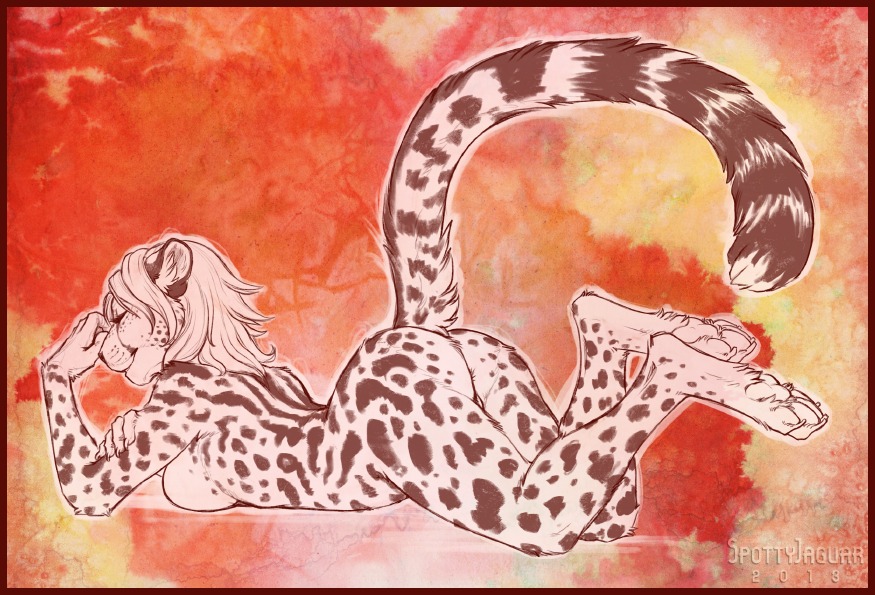 2013 4_toes abstract_background anthro anus barely_visible_anus barely_visible_genitalia barely_visible_vulva bent_legs biped border breasts butt calves_up cheetah claws digitigrade e621 eyelashes eyes_closed feet felid feline female fur genitals hair hindpaw king_cheetah lying mammal markings nude on_front pawpads paws pinup pose raised_calf raised_tail red_border side_boob simple_background slim smile soles solo spots spotted_body spotted_fur spottyjaguar tail text toes vulva white_hair