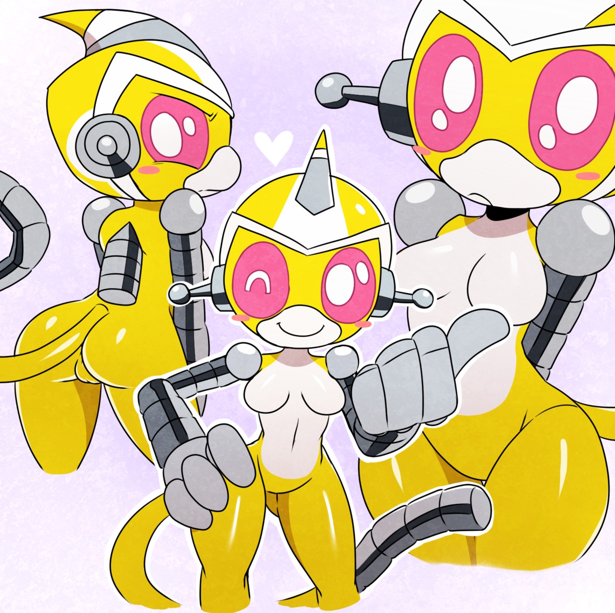 2014 anthro belly blush breasts butt cybernetics cyborg digital_media_(artwork) e621 featureless_breasts female frown genitals gesture hand_gesture hand_on_hip hands_behind_back haplorhine happy heart_symbol hi_res looking_at_viewer looking_back machine mammal monkey multiple_poses navel nova_(srmthfg) nude one_eye_closed pink_eyes pose primate robot simple_background smile solo sssonic2 super_robot_monkey_team_hyperforce_go thumbs_up vulva white_belly wide_hips wink yellow_body