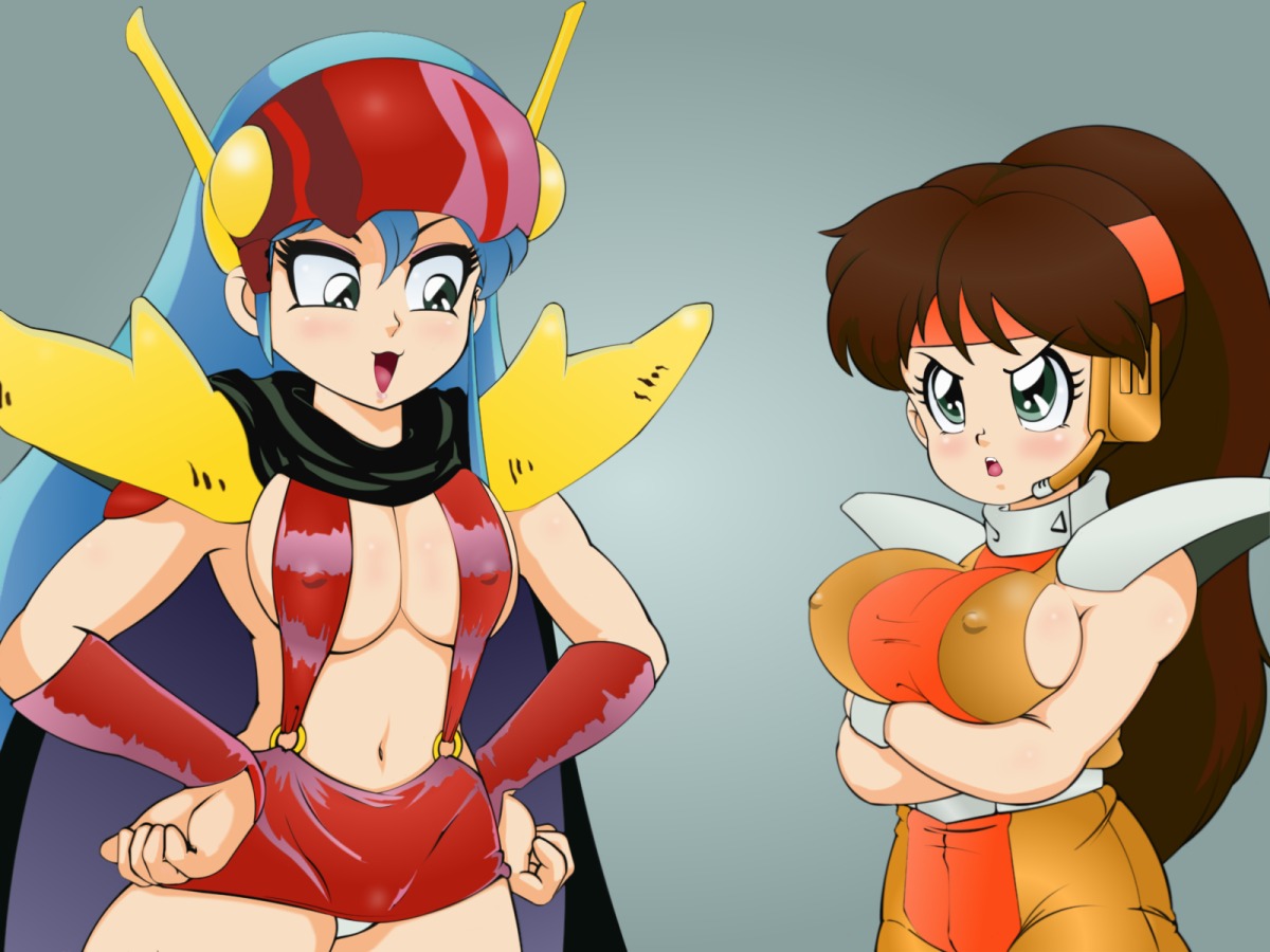 2girls angry blush breasts cleavage erect_nipples female genji_tsuushin_agedama heike_ibuki kuki_rei lupus multiple_females multiple_girls nipples panties rule34 smile underwear