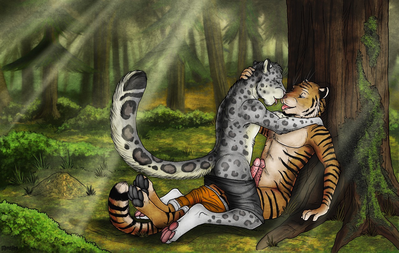 anijatsu anthro anthro_on_anthro bottomwear butt clothed clothing detailed_background duo e621 erection eyes_closed felid forest from_front_position frottage genitals kissing leopard male male/male mammal mastery_position mindark nature on_lap outside pantherine pawpads paws penile penile_spines penis penises_touching plant romantic romantic_ambiance romantic_couple sex shorts sitting sitting_on_lap snow_leopard spots stripes tiger tongue topless tree