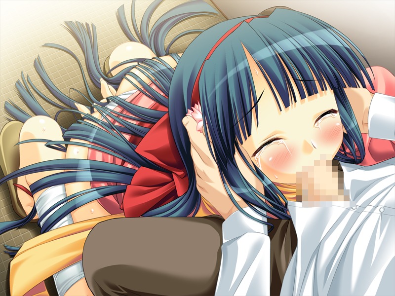 blue_hair bondage bow censored closed_eyes fellatio female hair hand_on_head headband kneeling long_hair male oral penis ribbon rule34 sandals tears