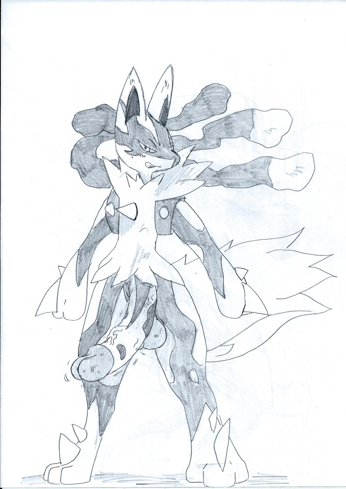 anthro balls bedroom_eyes big_balls big_penis canid canine e621 erection fur generation_6_pokemon genitals half-closed_eyes hi_res humanoid_genitalia humanoid_penis male mammal mega_evolution mega_lucario monochrome narrowed_eyes nintendo penis pokehard pokemon pokemon_(species) seductive smile solo tongue vein veiny_penis