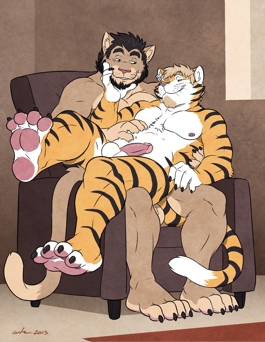2013 4_toes animal_genitalia anthro balls belly biceps big_muscles black_body black_claws black_fur black_hair blonde_hair brown_body brown_fur chair chest_tuft circumcised claws cougar duo e621 erection face_grab facial_hair feet felid feline foot_focus fur furniture genitals grin hair hand_on_belly heart_symbol hindpaw humanoid_genitalia humanoid_penis male male/male male_on_bottom male_on_top mammal markings musclegut muscular muscular_male nipples nude on_bottom on_lap on_top orange_body orange_fur pantherine pawpads paws pecs penis plantigrade pose romantic romantic_couple sheath sitting sitting_on_lap slightly_chubby smile smirk soles stripes tail tiger toe_claws toes tuft wfa