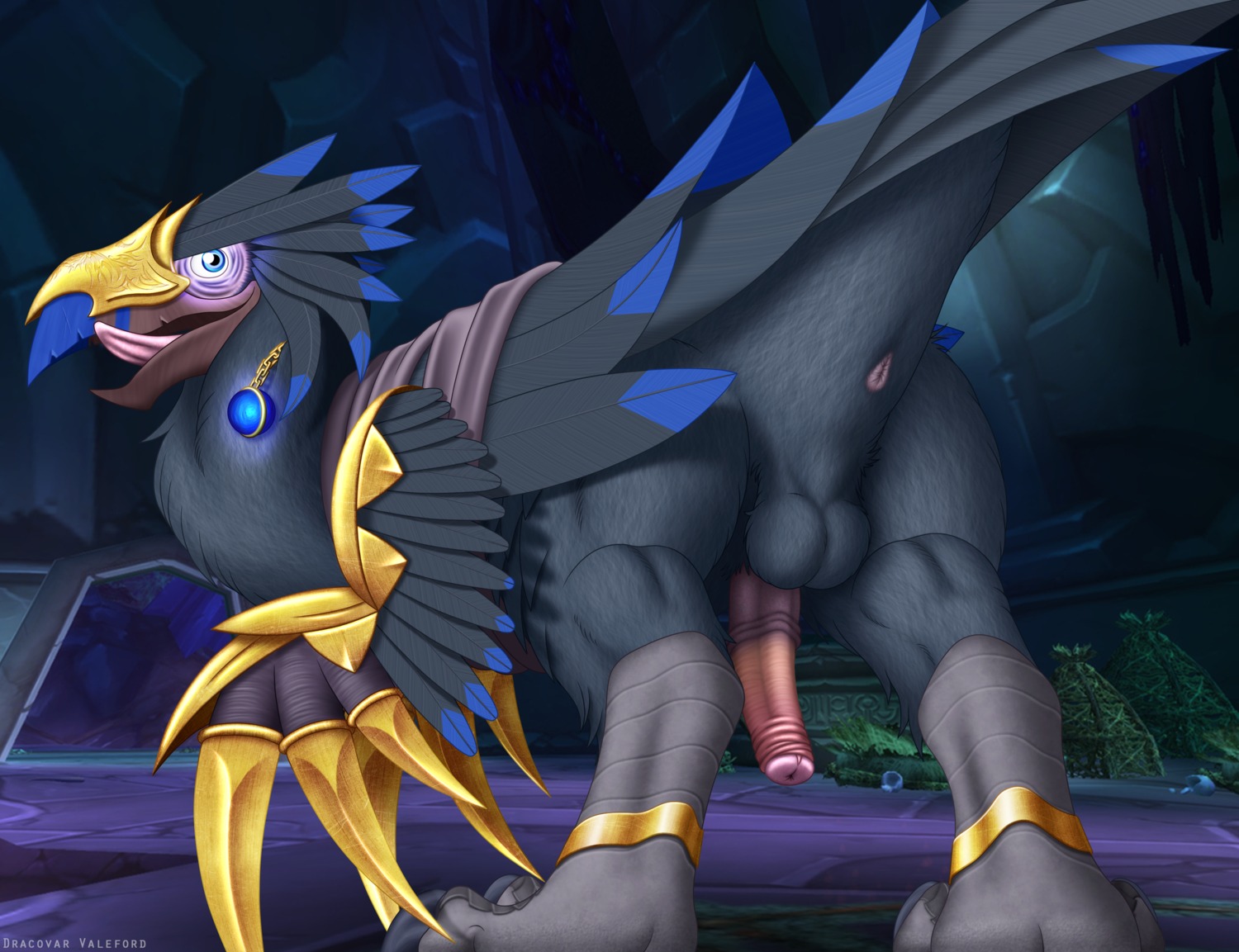absurd_res anus anzu_the_raven_god athletic athletic_feral athletic_male avian backsack balls beak bird blizzard_entertainment butt cave dracovar_valeford e621 feathered_wings feathers feral foreskin frenulum genitals half-erect hi_res looking_at_viewer looking_back male male_feral partially_retracted_foreskin penis presenting solo tongue tongue_out warcraft wings