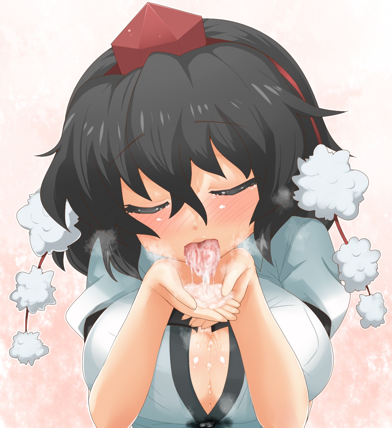 1girls black_hair blush breasts cleavage closed_eyes cum cum_in_mouth cum_on_tongue cum_pool cumdrip cupping_hands female hat highres large_breasts loggy rule34 shameimaru_aya solo sweatdrop tear tokin_hat tongue touhou