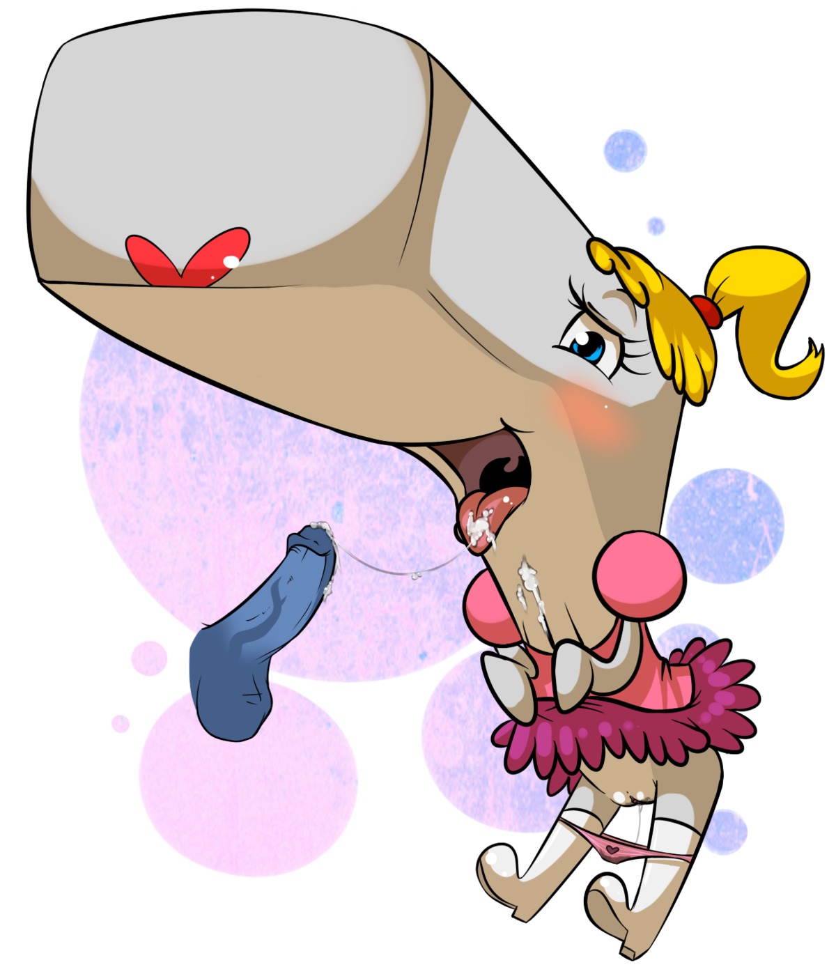 anthro aquatic balls blonde_hair blue_eyes blue_penis bodily_fluids bottomless bottomwear cetacean clothed clothing clothing_lift cum cum_in_mouth cum_inside cum_string disembodied_penis duo e621 erection female genital_fluids genitals hair half-closed_eyes hi_res humanoid_genitalia humanoid_penis male male/female mammal narrowed_eyes nickelodeon open_mouth panties panties_down partially_clothed pearl_krabs penis physeteroid ponytail sex skirt skirt_lift sperm_whale spongebob_squarepants standing tongue tongue_out toothed_whale underwear underwear_down unknown_artist vaginal_fluid_string vaginal_fluids vulva warm_colors whale
