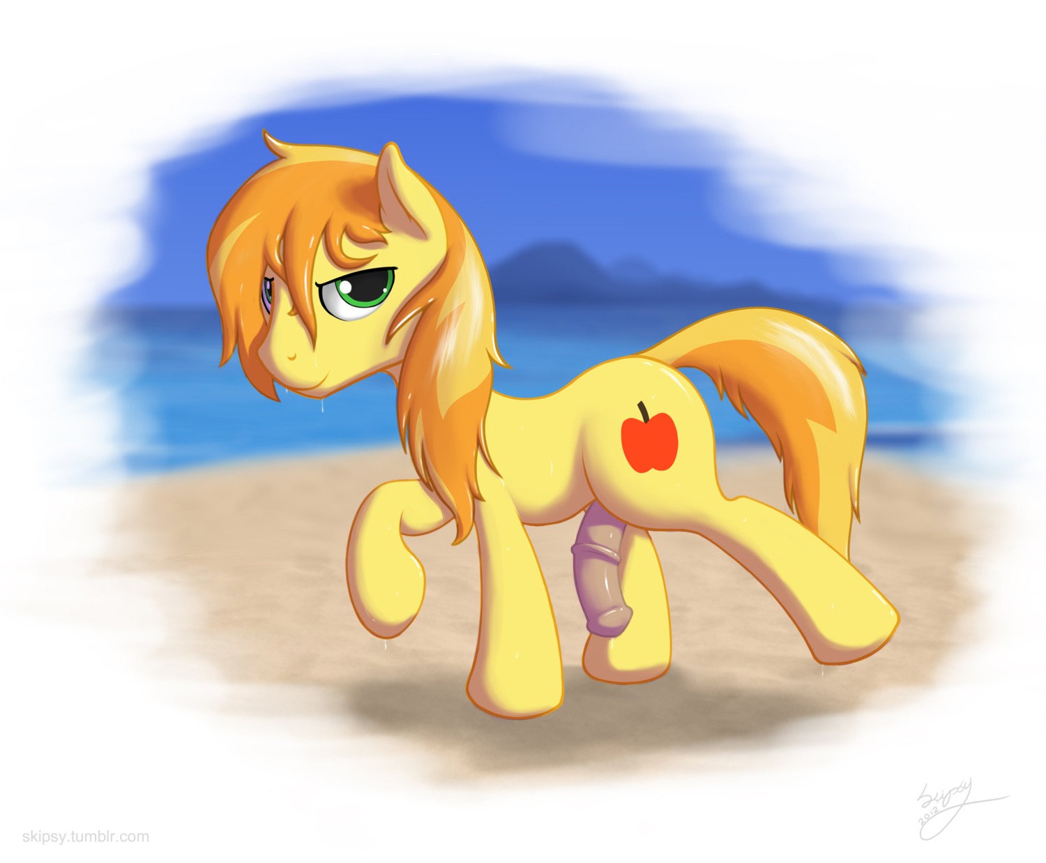 animal_genitalia animal_penis apple beach big_eyes big_head braeburn_(mlp) cutie_mark day e621 earth_pony equid equine equine_genitalia equine_penis feral flaccid food friendship_is_magic fruit fur genitals green_eyes hair hasbro hi_res horse looking_aside looking_at_viewer male mammal my_little_pony nude orange_hair outside penis plant pony sand seaside side_view skipsy sky smile solo tail toony walking wet yellow_body yellow_fur