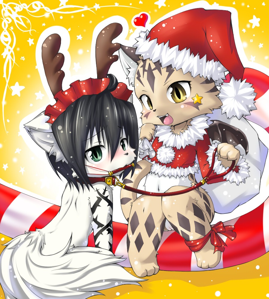 ambiguous_gender anthro blue_eyes blush candy candy_cane christmas collar cute_fangs dessert duo e621 fangs female food genitals holidays kemono koishi_chikasa leash paws reindeer_antlers source_request star tail teeth vulva yellow_eyes young young_anthro