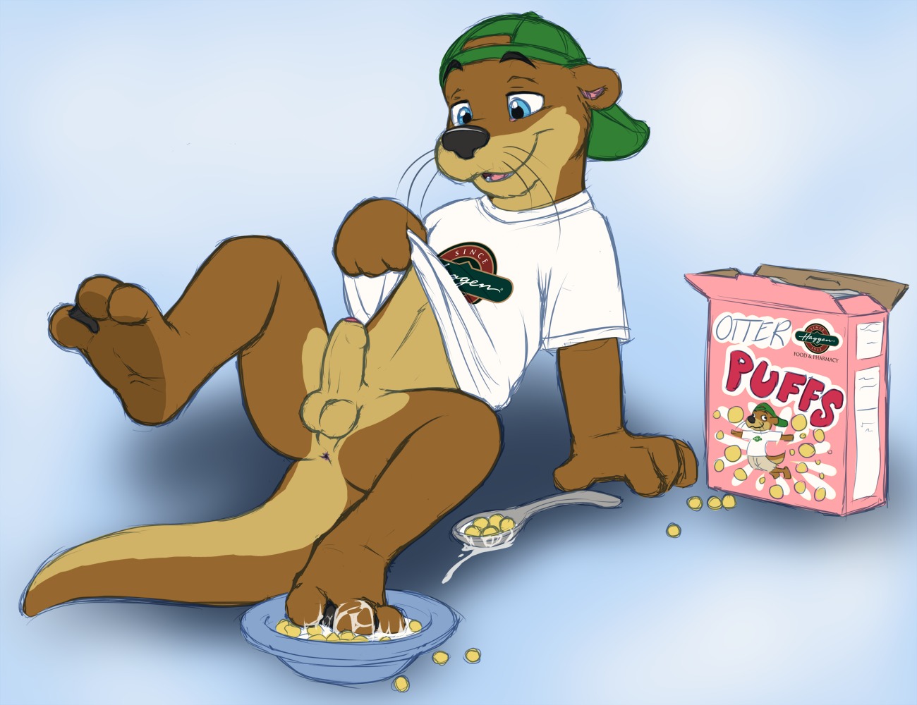 3_toes 4_fingers anthro anus backwards_baseball_cap backwards_hat balls barefoot baseball_cap blue_eyes bottomless cereal clothed clothing cobaltsynapse countershade_body countershade_face countershade_feet countershading e621 erection feet fingers food food_fetish food_play foot_fetish foreskin genitals hat headgear headwear hindpaw humanoid_genitalia humanoid_penis male mammal mascot membrane_(anatomy) milk mustelid otter paws penis plantigrade shirt simple_background soles solo tail thick_tail toes topwear unretracted_foreskin webbed_feet wet_feet