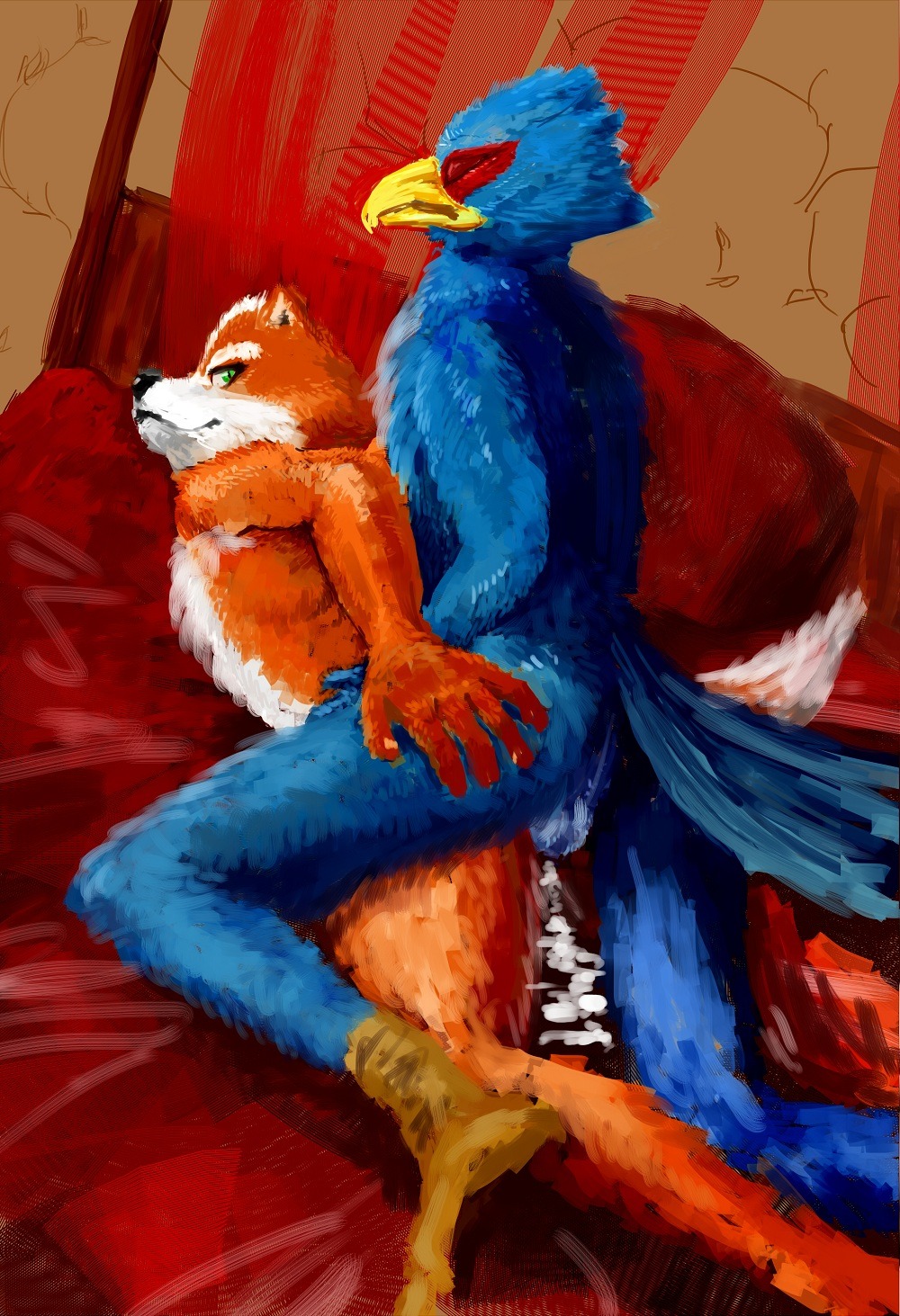 anal anthro avian balls beak bird blue_body blue_feathers bodily_fluids canid canine cum duo e621 falco_lombardi feathers fox fox_mccloud fur genital_fluids genitals hi_res interspecies male male/male male_penetrated male_penetrating male_penetrating_male mammal nintendo orange_body orange_fur penetration sex star_fox sunadori