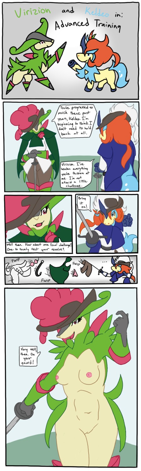anthro anthrofied belt boots bottomwear bra breasts clothed clothing comic duel duo e621 ellipsis english_text equid female feral flower footwear generation_5_pokemon genitals gloves handwear hat headgear headwear hi_res keldeo keldeo_(resolute_form) legendary_pokemon male mammal melee_weapon nintendo nipples nude panties pants plant pokemon pokemon_(species) pokemorph rapier rose_(flower) shirt shoes sword text topwear underwear undressing virizion vulva weapon zerofox1000